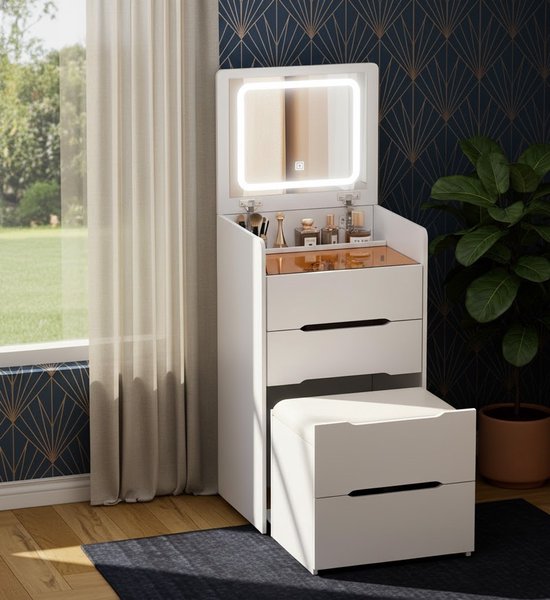 Make-uptafel met Spiegel, LED Verlichting, Bluetooth en Glasplaat – Een