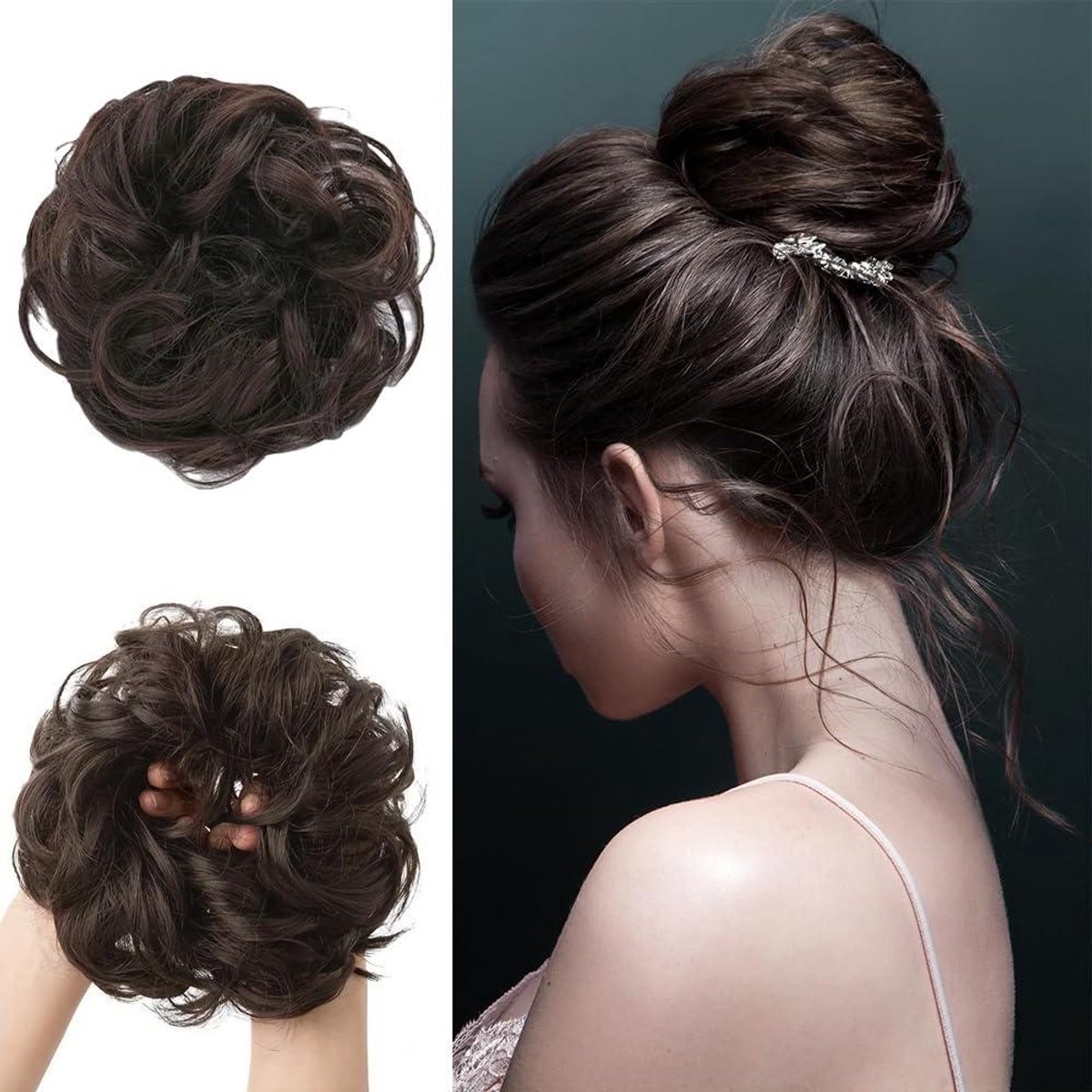 Provento - Messy Bun haarstukje krullend synthetisch donkerbruin - haarverlenging opgestoken kapsel