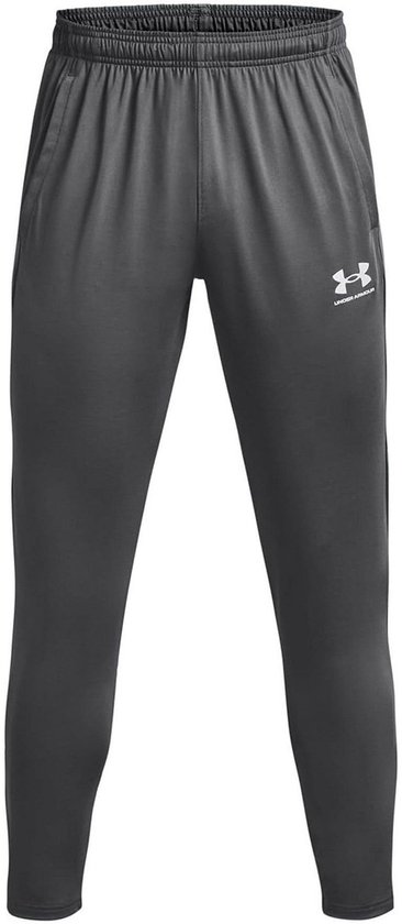 Donkergrijze trainingsbroek met witte logo.