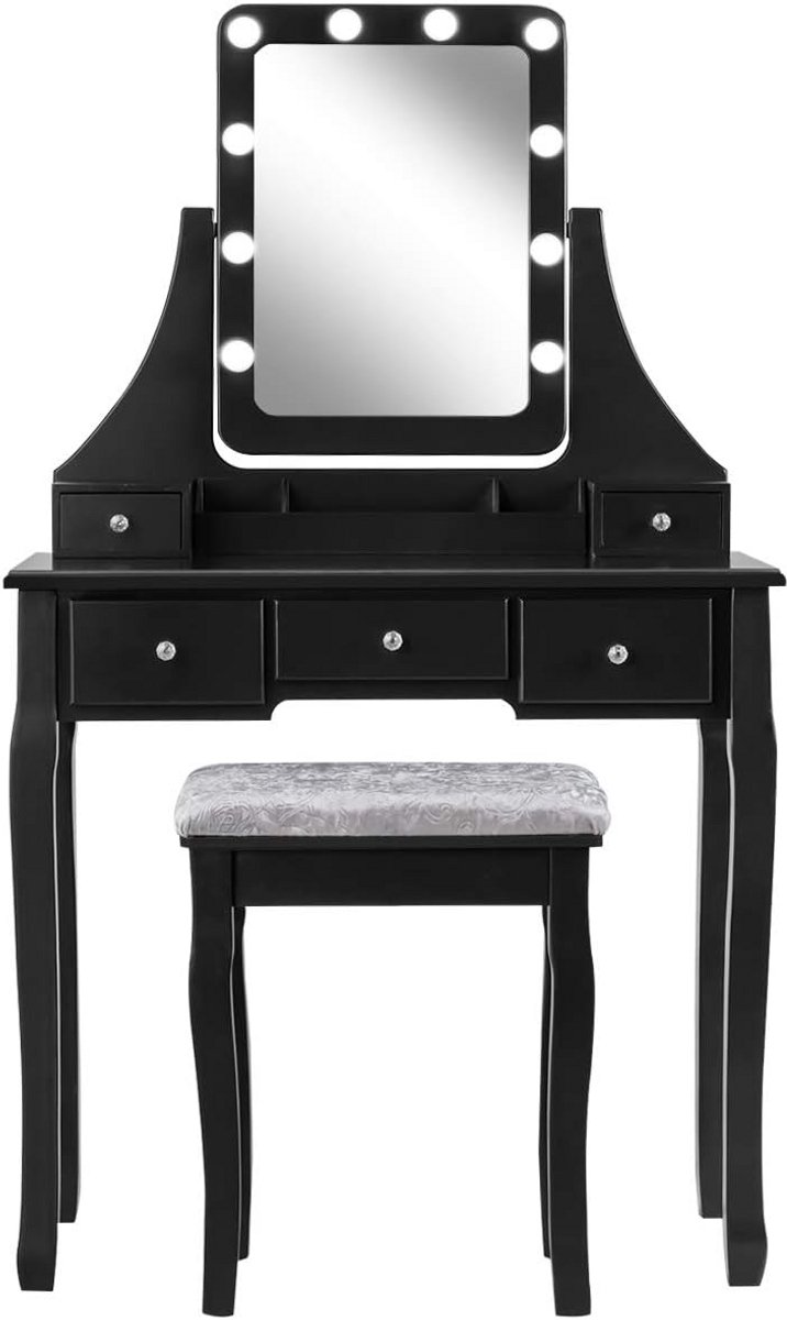 Kaptafel Set met Kruk en 360° Draaibare Spiegel met Dimbare LED Verlichting