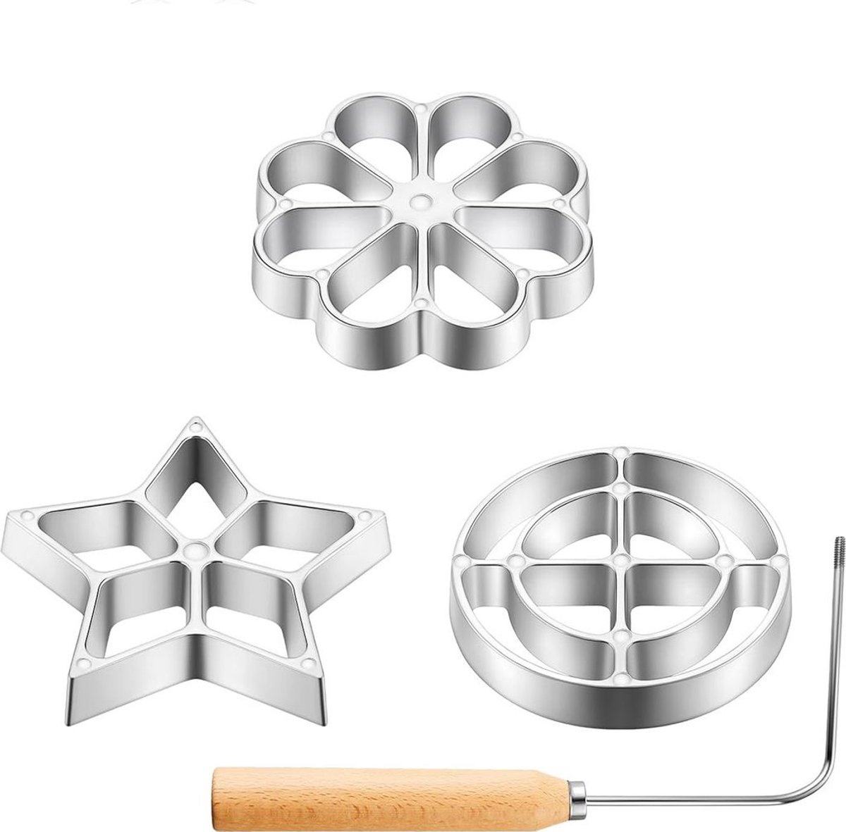 Een set van 4 roosvormige wafelvormen voor het maken van gefrituurde gebakjes.