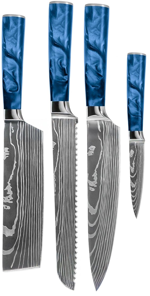 Shinrai Knives - Damascus Print Epoxy Sapphire 4-delige Messenset - Koksmes + Broodmes + Nakiri + Schilmes