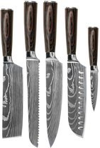 Shinrai Knives - Damascus Print 5-delige Messenset - Koksmes + Broodmes + Nakiri + Santoku + Schilmes - Koksmes - Vleesmes - Hakmes - Broodmes
