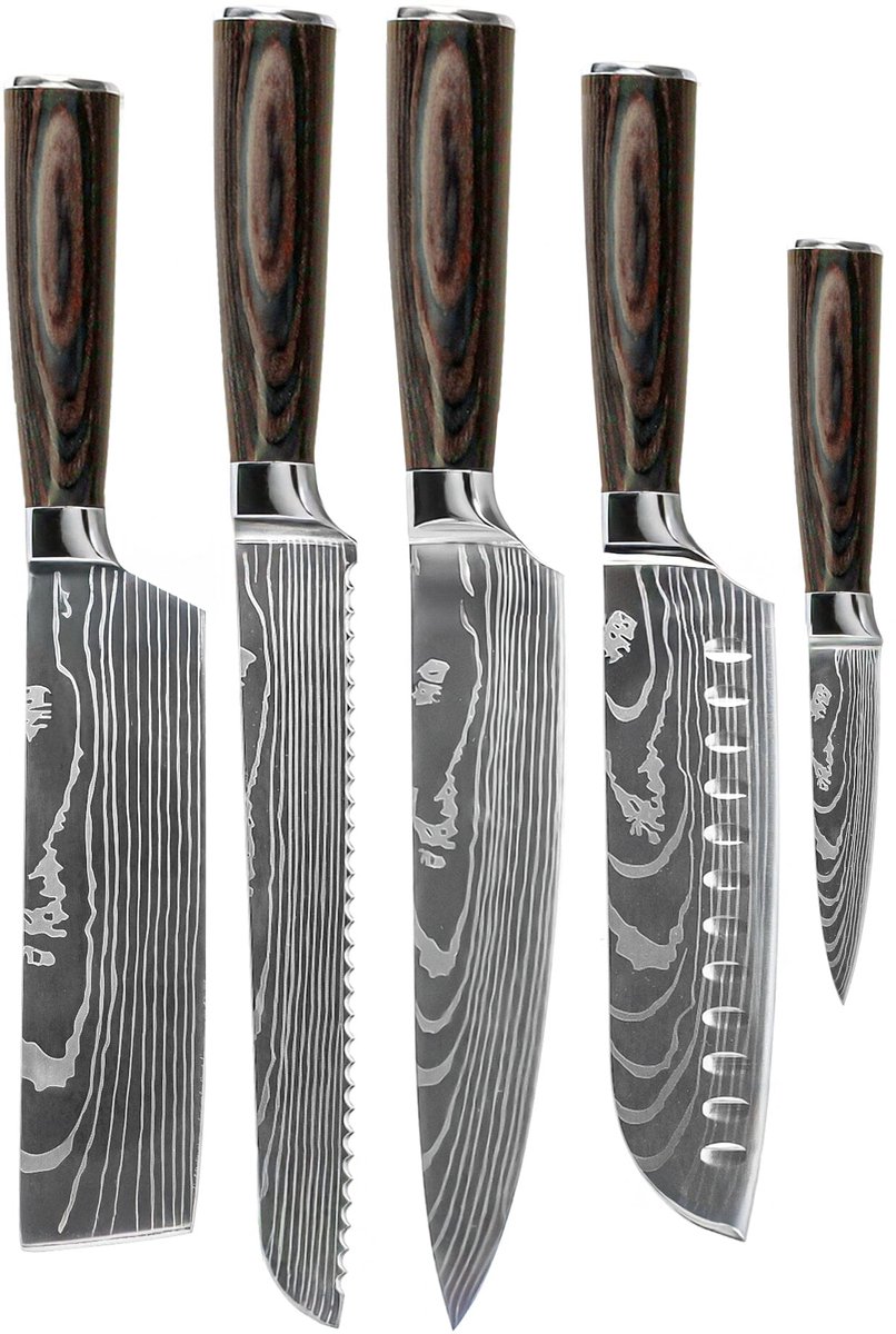 Shinrai Knives - Damascus Print 5-delige Messenset - Koksmes + Broodmes + Nakiri + Santoku + Schilmes - Koksmes - Vleesmes - Hakmes - Broodmes