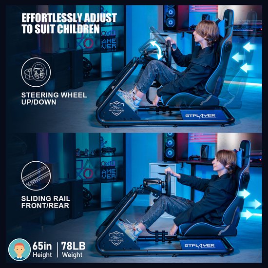 Racestoel, Simulator Cockpit, SIM Racing Cockpit, racesimulator stuurwielstandaard met luidsprekers, stuurwiel en pedaalsteun, Blauw van Woltu — afbeelding 3