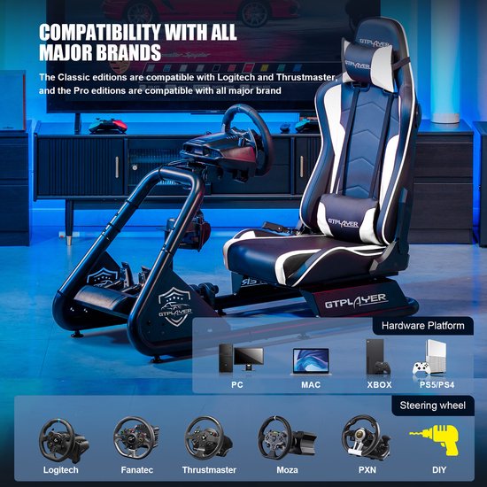 Racestoel, Simulator Cockpit, SIM Racing Cockpit, racesimulator stuurwielstandaard met luidsprekers, stuurwiel en pedaalsteun, Wit van Vevor — afbeelding 5