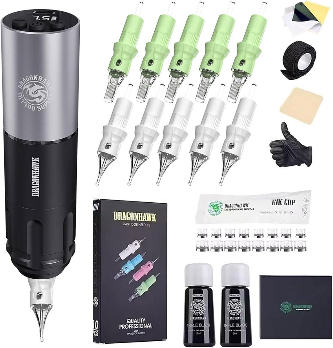 Draadloze Tattoo Pen Machine Set met Cartridges en Inkt - Professionele Kwaliteit