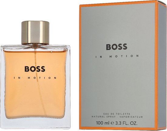 Fles en doosje BOSS IN MOTION eau de toilette 100 ml. Grijze doos met oranje rand.
