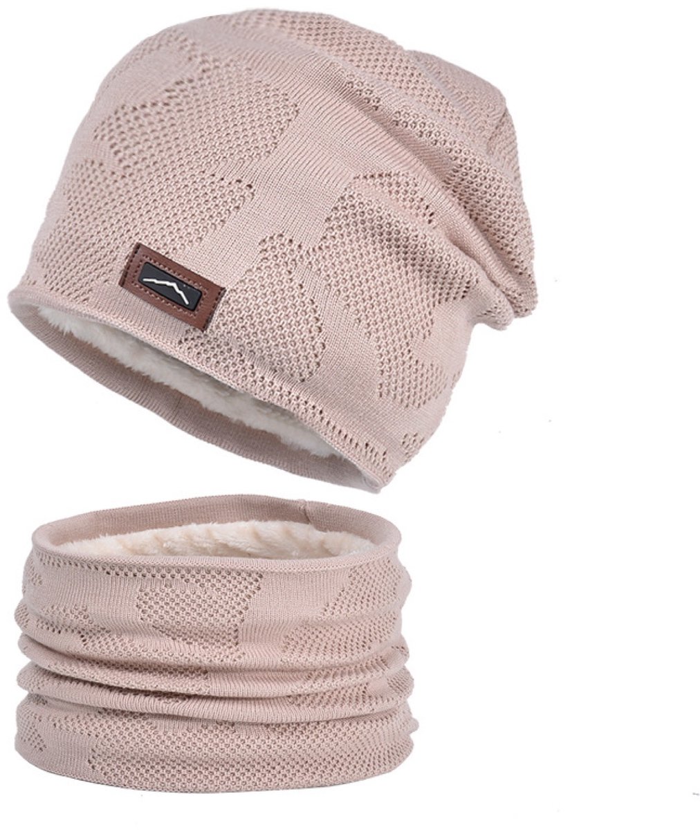Muts, en Nekwarmer Set, Heren Dames, Beanie, Ski Muts, Dubbele Lagen Colsjaal, Unisex, One Size –Beige