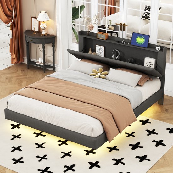REDOM bedframe 160x200 cm – Linnen grijs – LED, USB, opklapbare nachtkastopberging