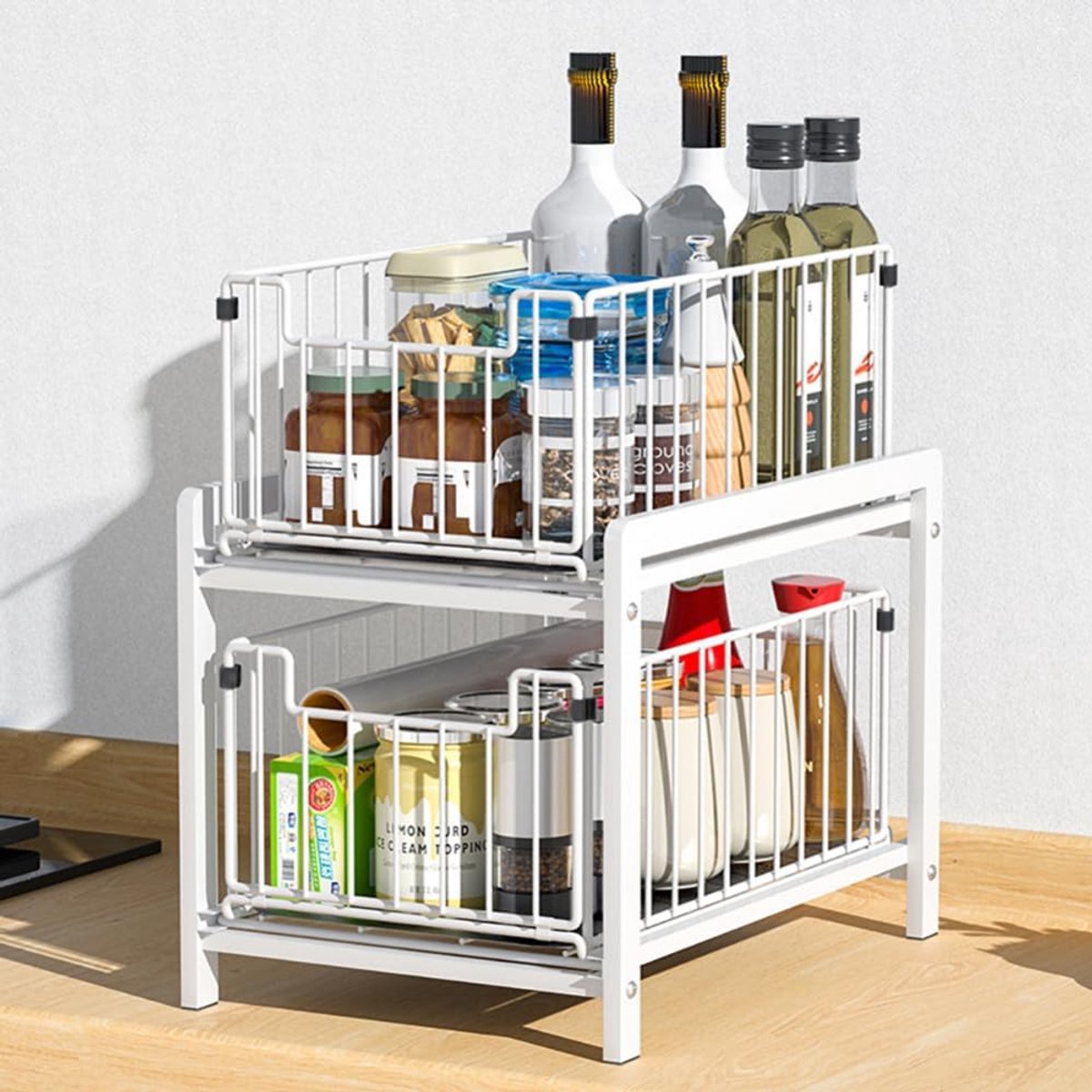 Schuiflade - Uitschuifbare Onder-gootsteen Organiser - Dubbele Opberglade van Koolstofstaal - Voor Keuken, Badkamer & Kast - ca. 26 x 37 x 38,5 cm