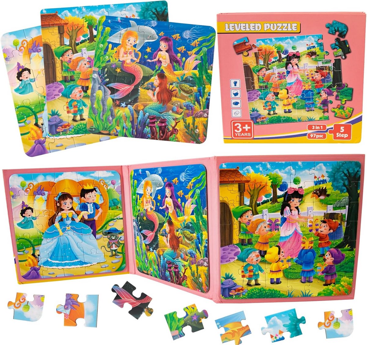 3-in-1 Magnetisch Puzzelboek voor Kinderen - Onderwaterwereld, 20-25-30 Stukjes, Activiteit voor Vliegtuig en Auto