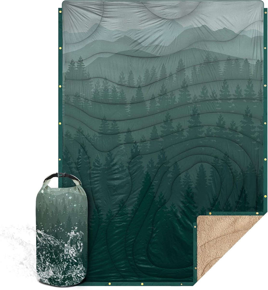 KawaGebo Kamp Sherpa Campingdeken, ultralicht, warm, 3-in-1 campingdeken, waterdicht, poncho en slaapzak, thermodeken, outdoor, voor je bestelwagen, auto, woonkamer, picknick, vliegtuigdeken, 145 x