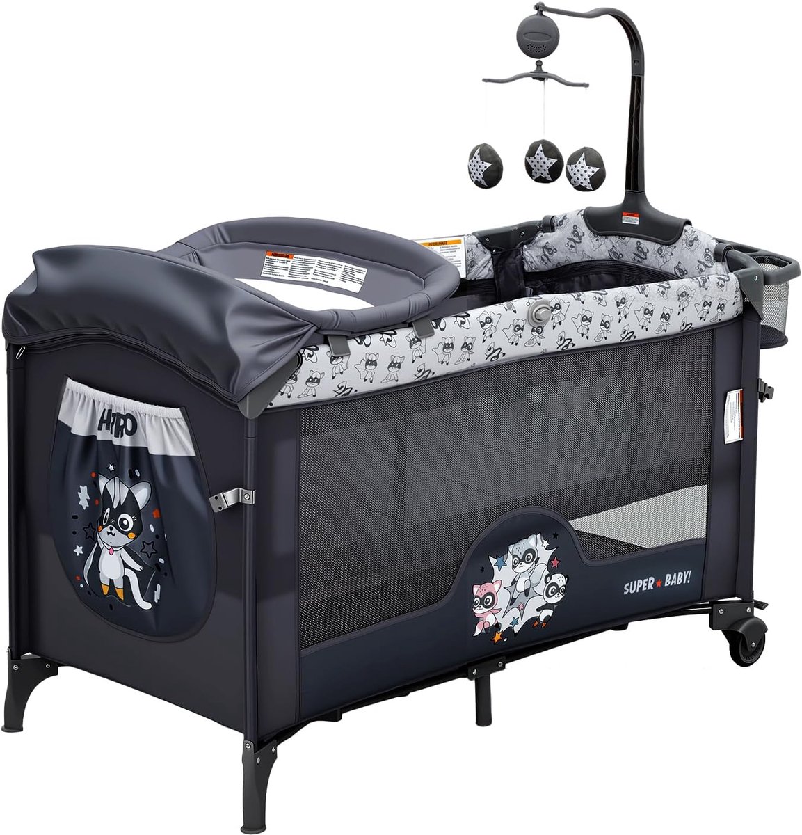 5-in-1 Reisbed voor Baby - Co-Sleeper, Wieg, Ledikant, Verschoontafel & Speelbox - Inclusief Matras, Hangspeeltjes, 4 Hoogtes, Veiligheidssysteem & Snel Opvouwbaar - 0 tot 36 Maanden - Zwart