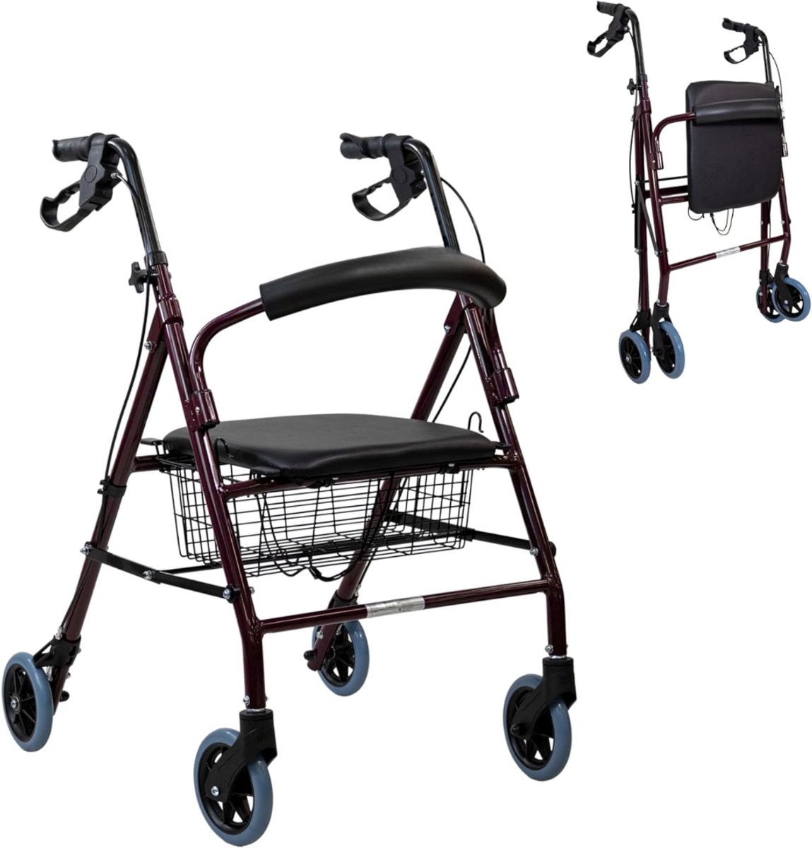 MMM® Rollator Lichtgewicht en Opvouwbaar - Rollator Lichtgewicht - Rollators Binnen en Buiten - Opvouwbaar en Verstelbaar - Met Mand en Stoel- Bordeaux - 77 cm x 60 cm x 93 cm