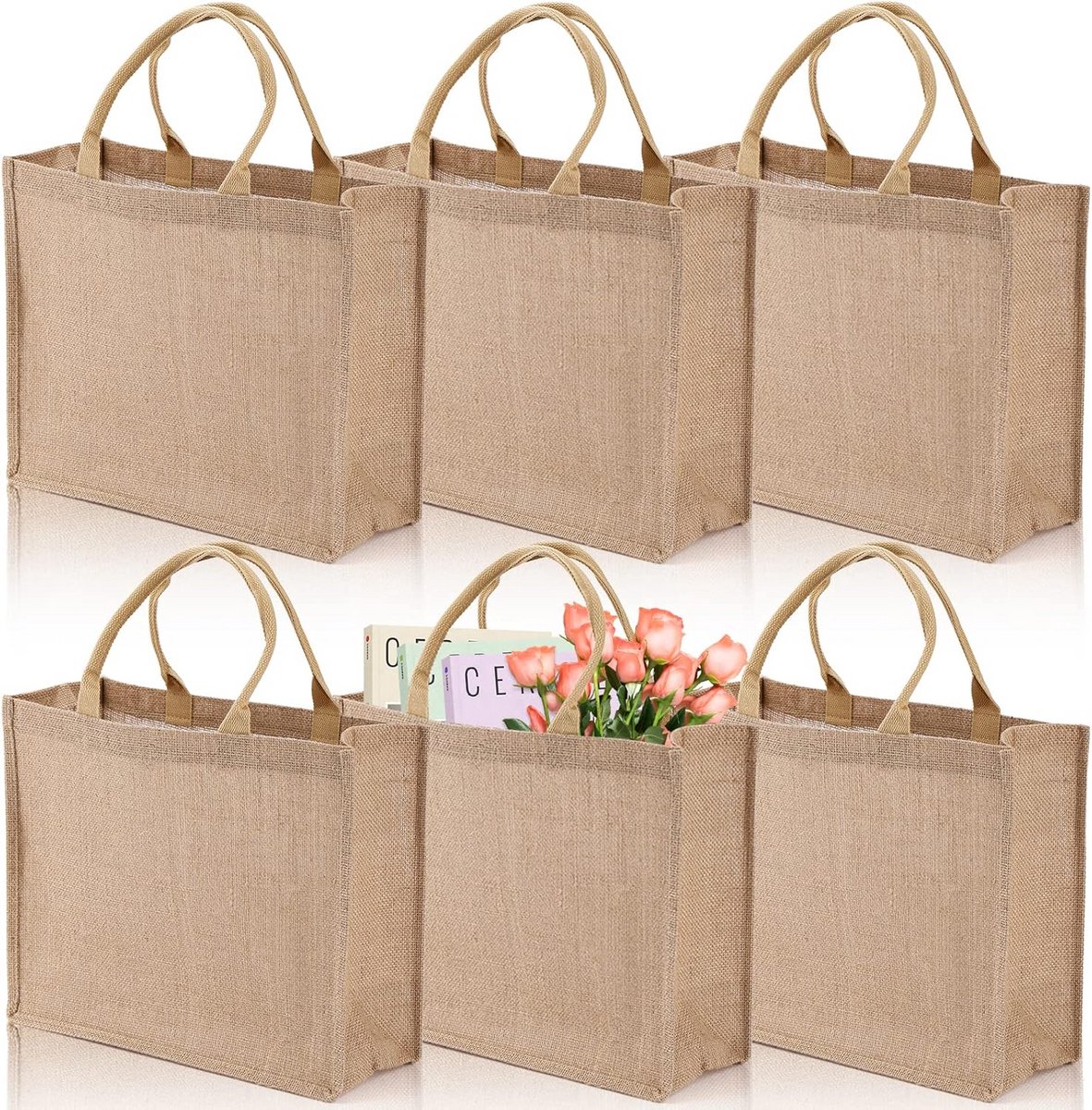 Set van 6 Jute Tassen met Handvatten, Gevoerd, Herbruikbaar voor Boodschappen en Cadeaus