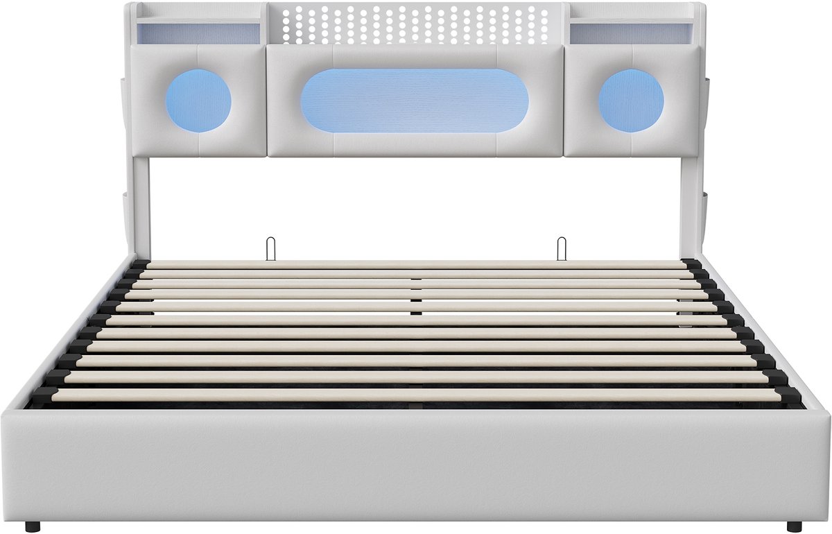 Opbergbed met gaslift 160x200 cm – Tweepersoonsbed – Wit PU-leer – Met hoofdbordverlichting, opbergruimte, USB & Type-C thumbnail 2