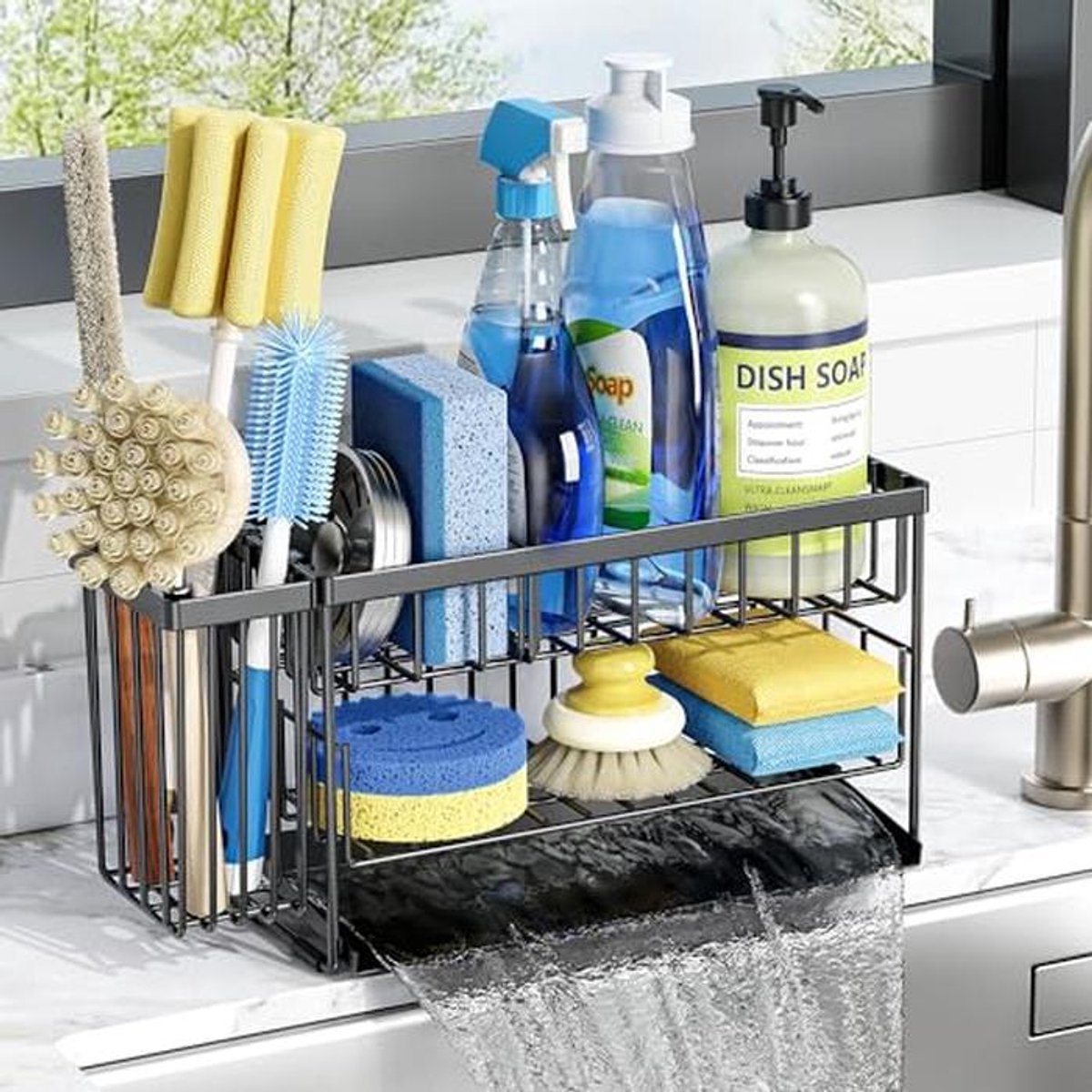 2-Tier Aanrecht Caddy Organiser met Flexibele Afwasborstel- en Sponshouder
