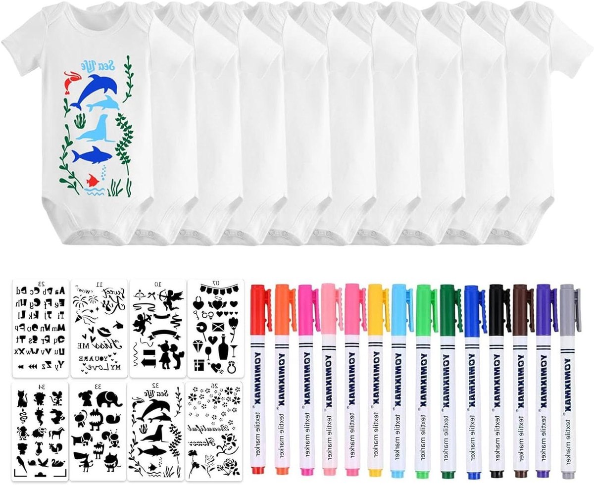 VVGoods - Set van 8 babyrompertjes met korte mouwen, inclusief 14 kleurrijke textielstiften en 8 sjablonen voor partyspelletjes en babyshower