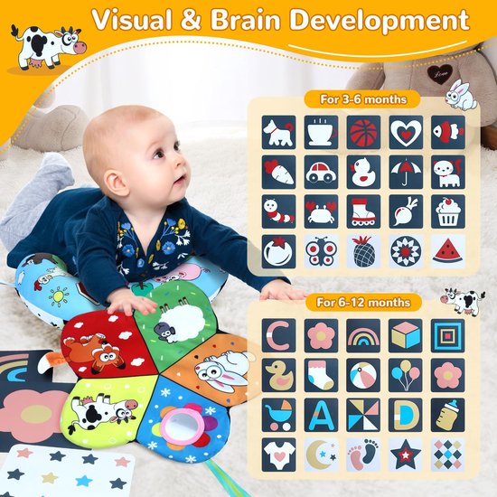 Buiktijdkussen, Hoog Contrast Buiktijdmat Met Zwart-witte Flitskaarten, Dubbelzijdig Buiktijdkussen Met Spiegel En Bijtring, Babyspeelgoed Voor Pasgeboren Baby's Van 0-12 Maanden — afbeelding 5