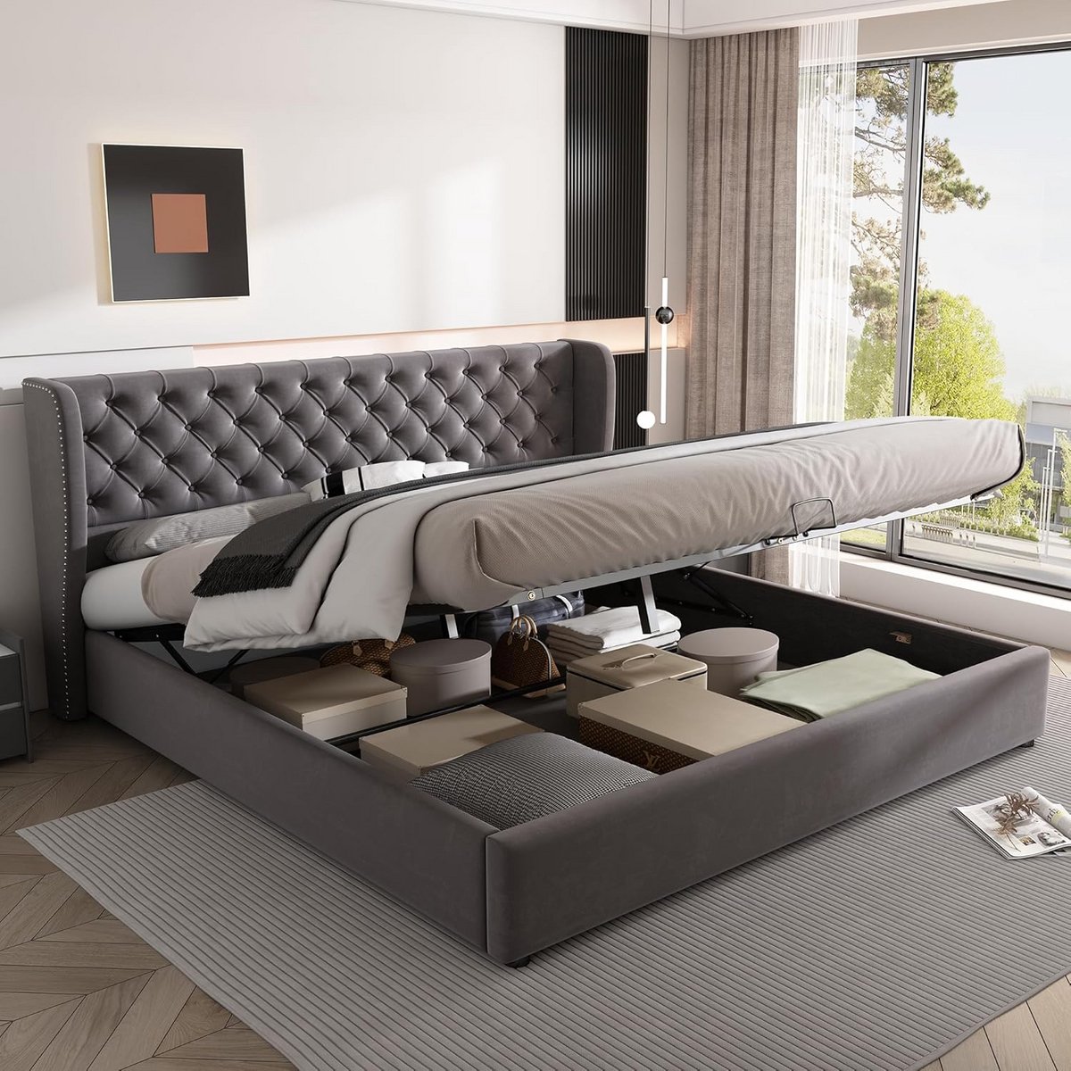 Gestoffeerd Tweepersoonsbed 160x200 Grijs met Opbergruimte en Hydrolische Lattenbodem
