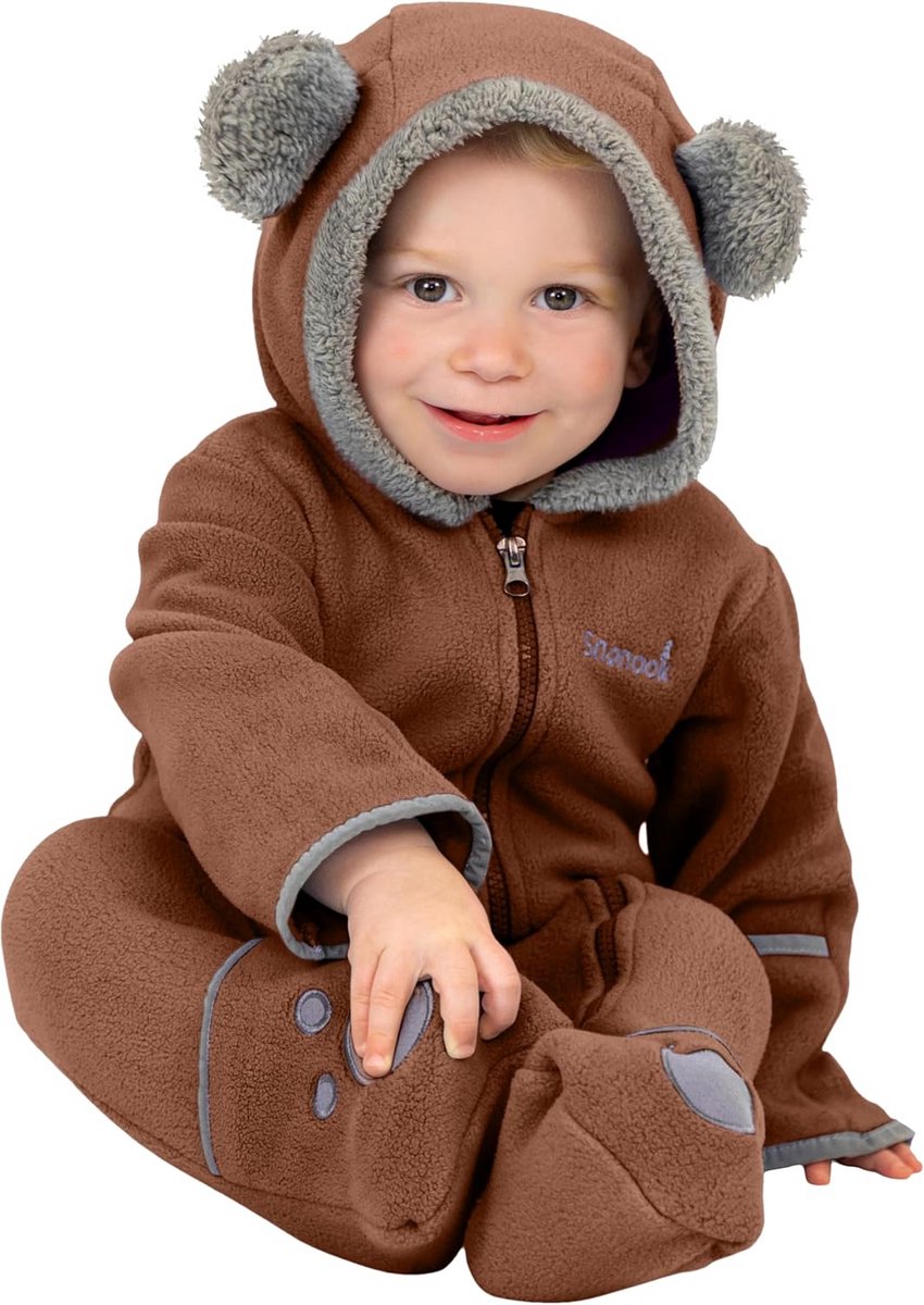 Fleece baby rompertje met capuchon en omklapbare handschoenen