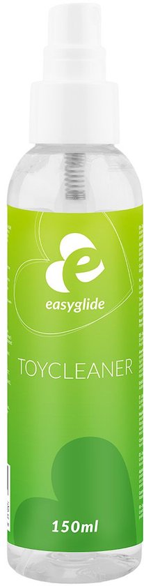 Bouteille EasyGlide Toycleaner 150 ml debout avec étiquette verte, bouchon blanc et buse, sur fond blanc.