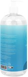 Arrière d'une bouteille transparente avec distributeur à pompe blanc. Dégradé bleu clair avec du texte et liste des ingrédients.
