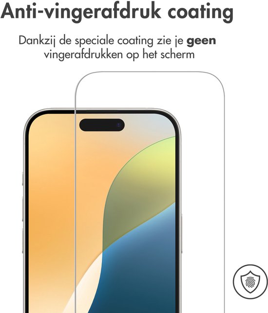 Screenprotector met anti-vingerafdruk coating op een iPhone, zonder vingerafdrukken.