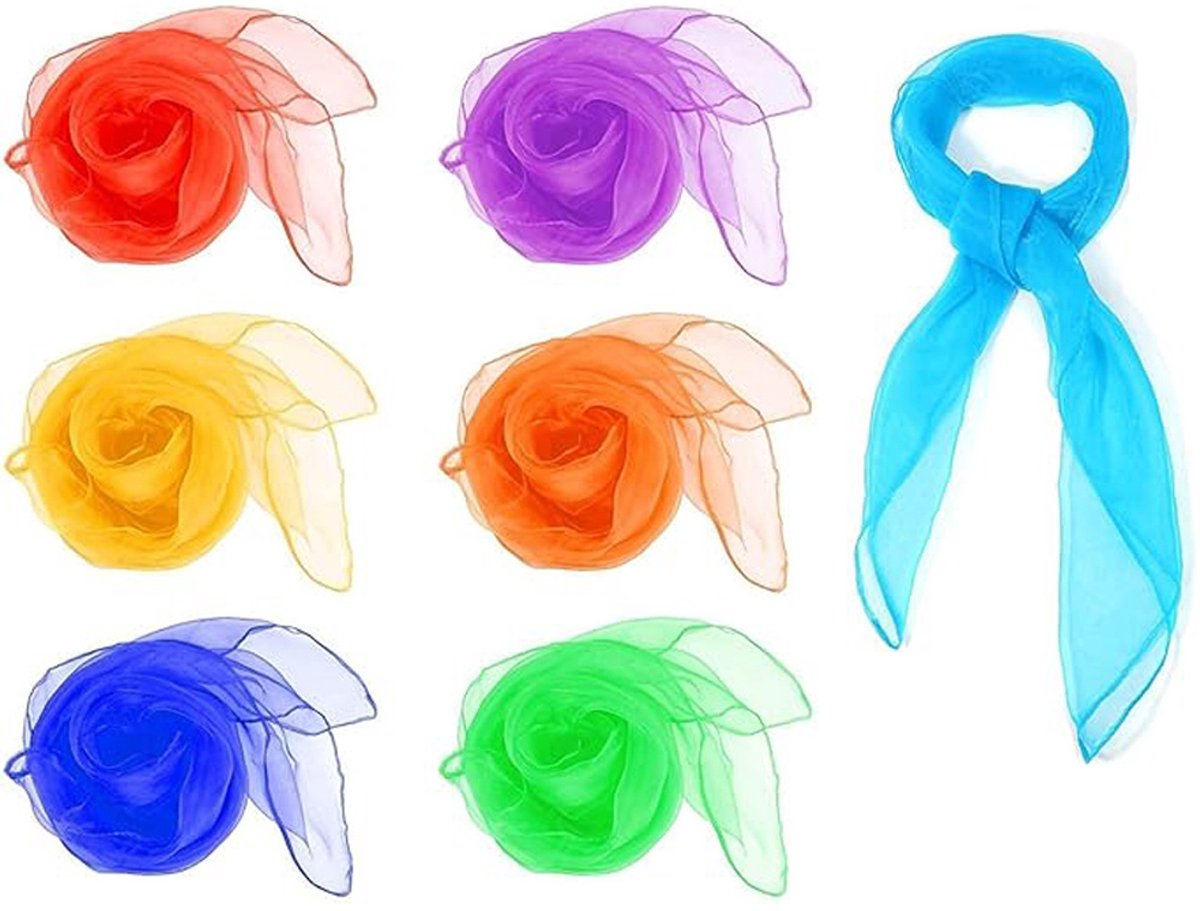 Set van 7 effen chiffon sjaals, kleurrijke danssjaals, sjaals voor podiumoptredens, kleine vierkante sjaal, accessoires en decoratie voor kinderfeestjes (rood, groen, geel, paars, blauw, oranje, hemelsblauw)