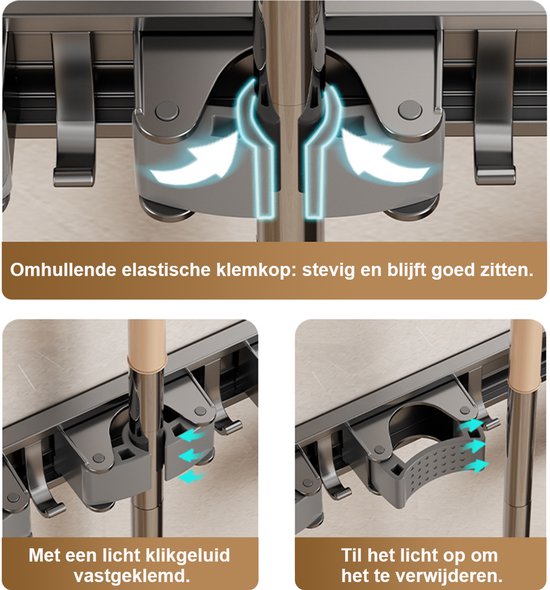 Alles-in-één Bezemhouder, Wandgemonteerde bezem - Bezem Ophangsysteem: 6 Haken 5 Klemmen, Robuuste RVS Houder voor Bezems, Gereedschap en Meer, Geschikt voor balkons, badkamers en toiletten van T-LoVendo — afbeelding 5