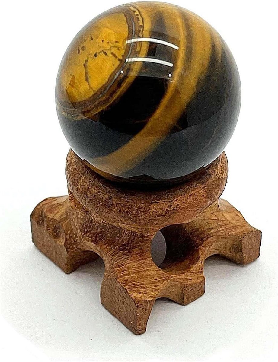 Helende Tijgeroog-bal (3 cm) met Houten Standaard - Natuurstenen Feng Shui Decoratie