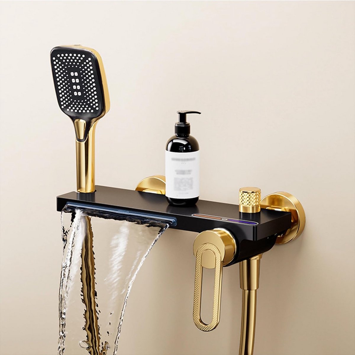 Wandkraan voor Badkamer met Waterval en Handdouche - Zwart/Goud