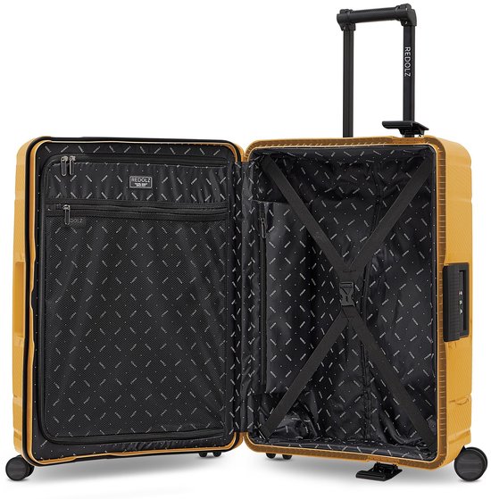 Redolz Essentials 15 4-wiel trolley 65 cm met driepuntsbevestiging - Harde bagage - TSA slot - dark yellow