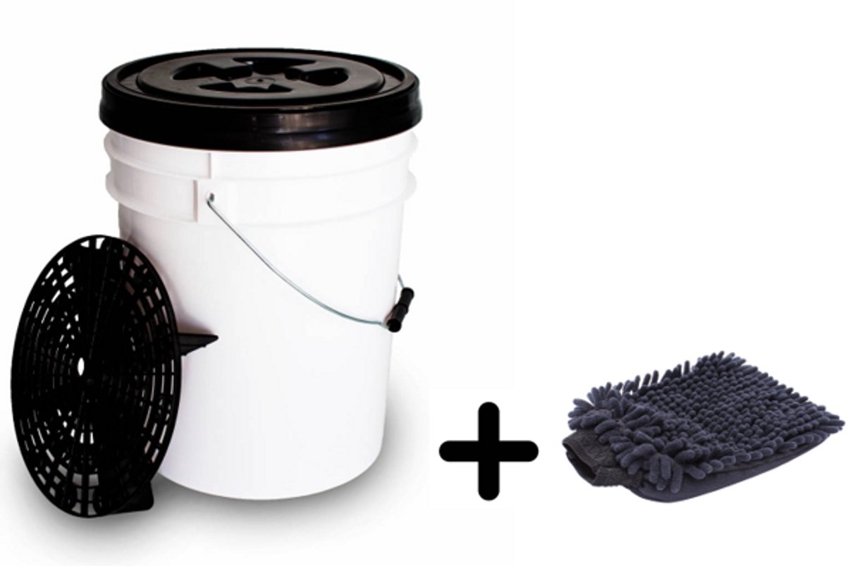 Bucket Filter 20L incl washandschoen - stevige was/spoelemmer - complete set - was-emmer met vuilgrid - detailing bucket - kleur wit