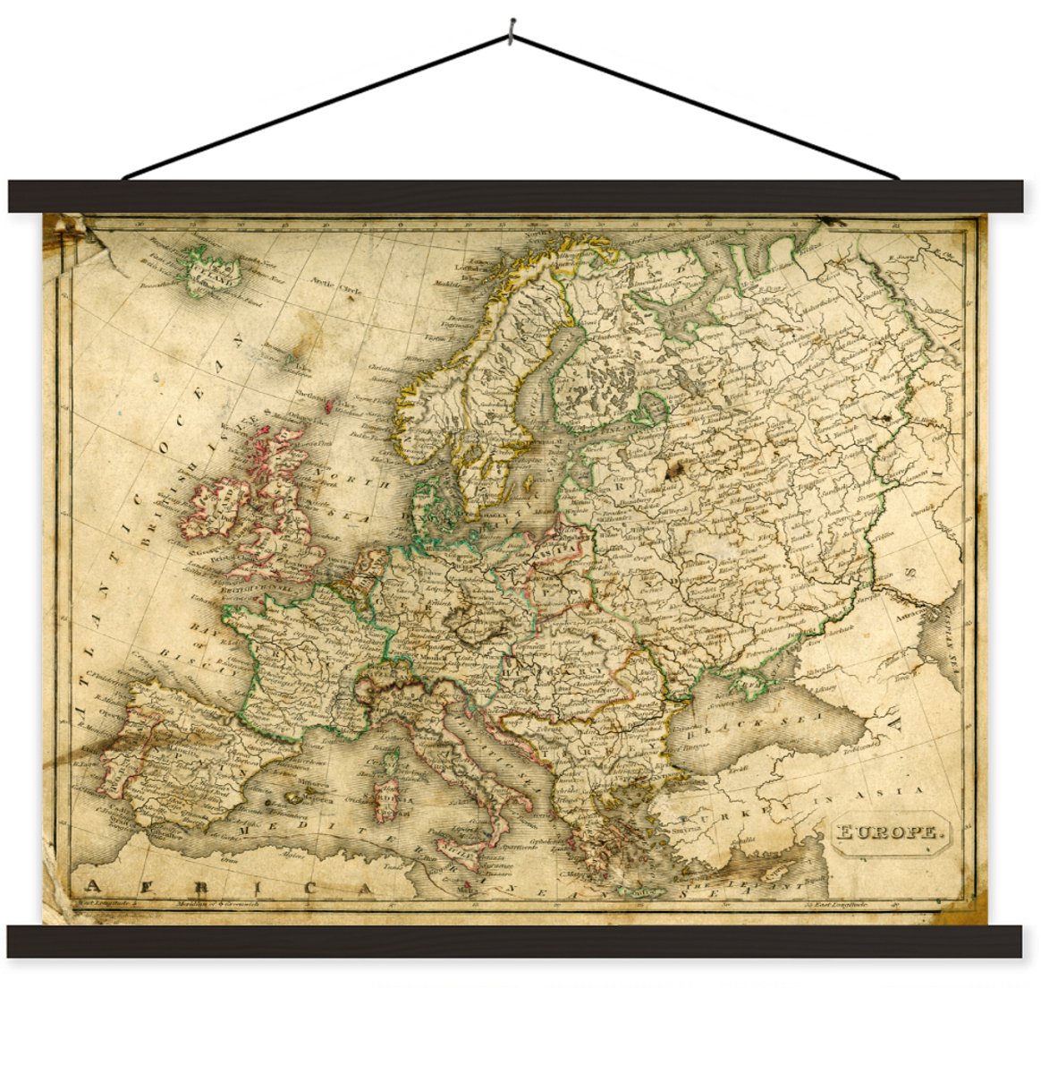Posterhanger incl. Poster 40x30 cm - Schoolplaat - Groezelige wereldkaart van Europa - Textielposter - Zwarte latten