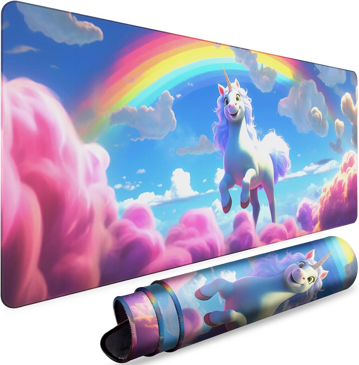 Grote XL muismat 35,4x15,7 inch - volledige bureaubeschermmat met anti-slip rubberen basis - gaming en toetsenbordpad - regenbogen en eenhoorn
