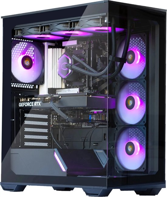 Zwarte gaming PC met glazen zijpaneel, paarse RGB-ventilatoren en 'GEFORCE RTX' op grafische kaart.