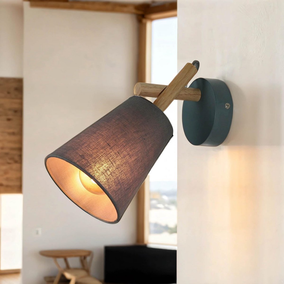 Wandlamp Scandinavisch Design Grijze Houten Stoffen Kap Trechtervorm E27 - Sfeerverlichting voor Hal, Woonkamer en Slaapkamer