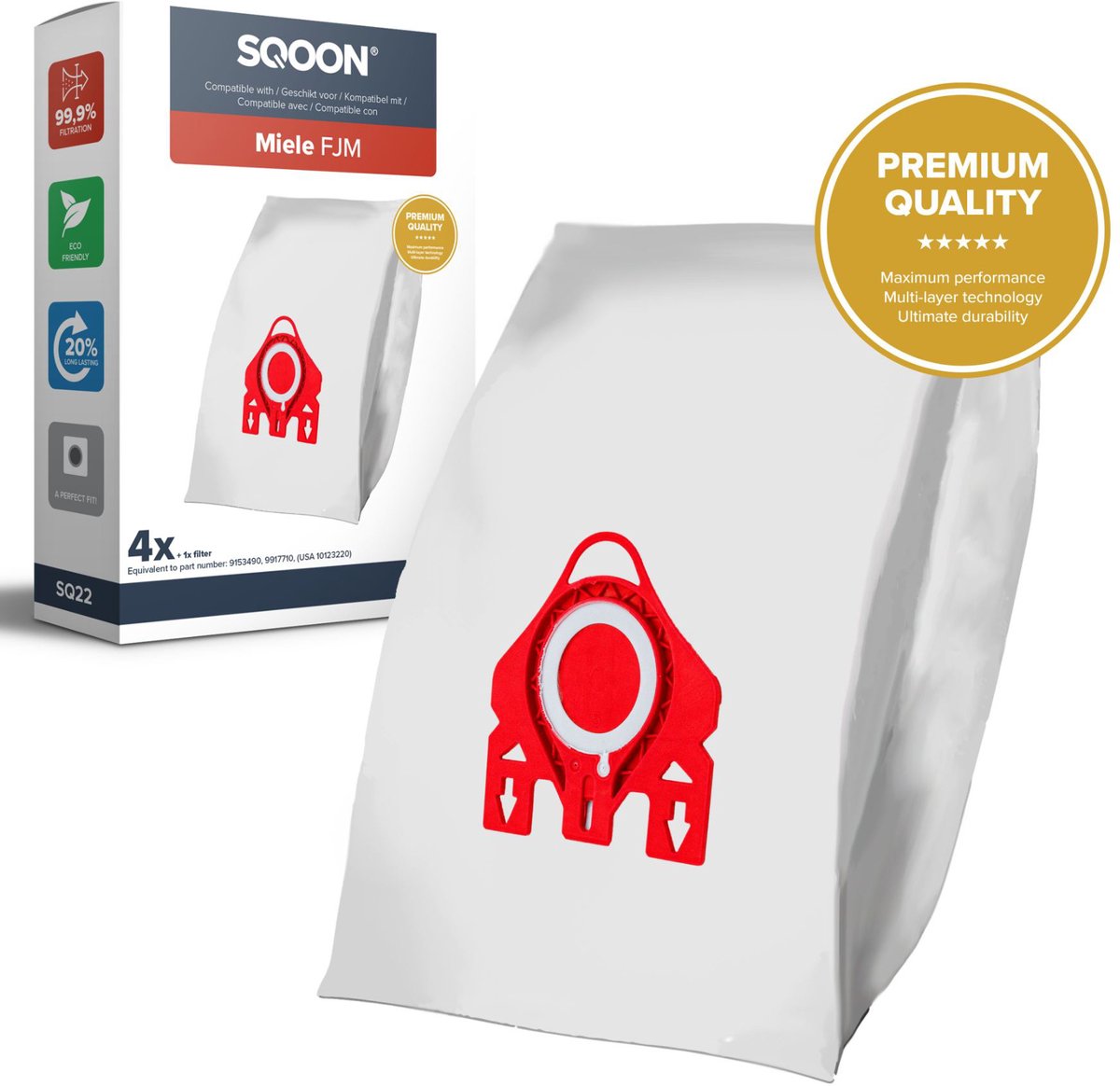 SQOON® Stofzuigerzakken Geschikt voor Miele FJM Series – Vervangt Model 9917710 – High Filtration voor Optimale Stofopname en Hygiëne - (SQ02) - 4 Stuks
