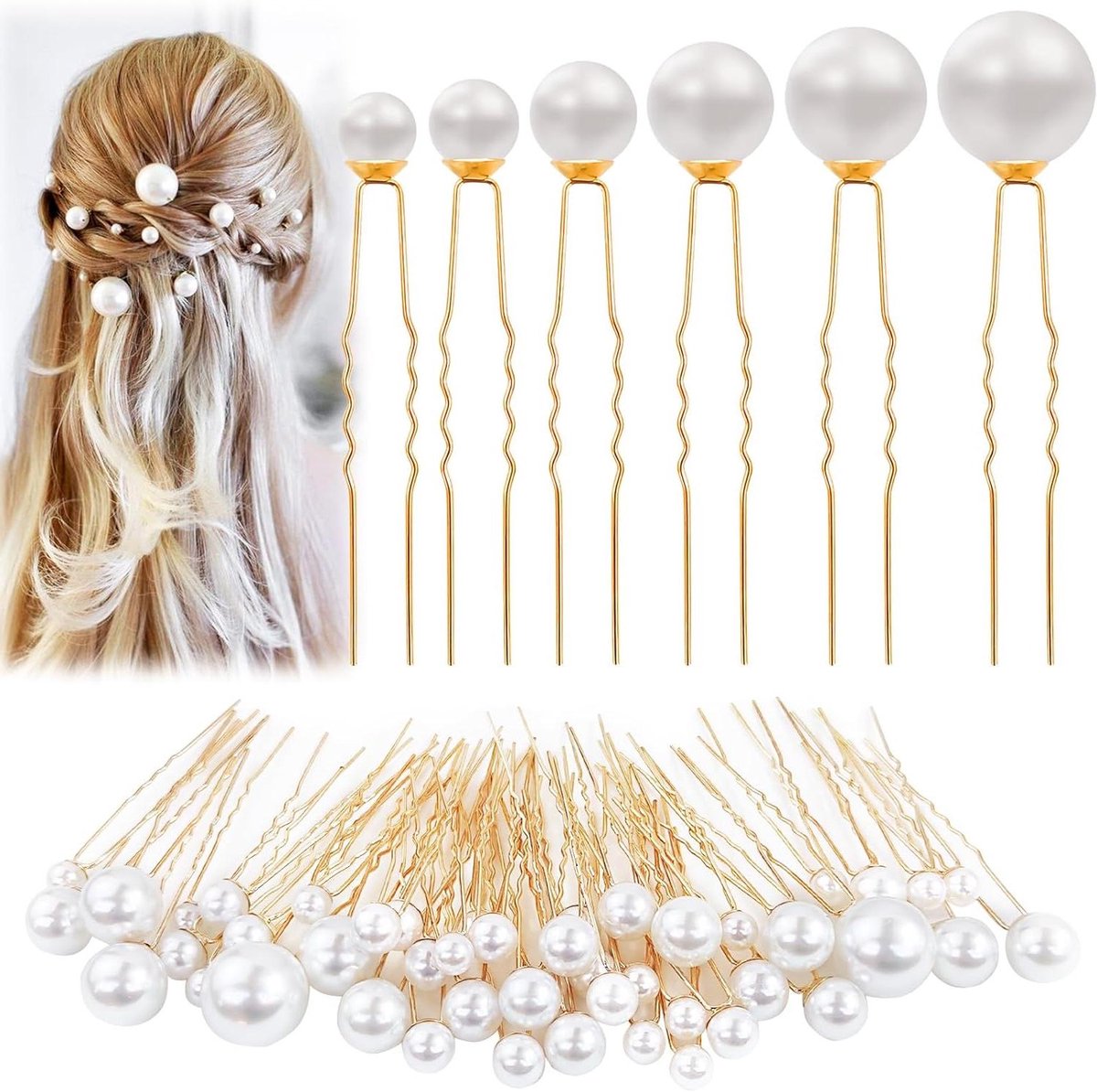 Ronte - Haaraccessoires bruiloft parels u-vorm bruidskapsels (goud) met 50 stuks