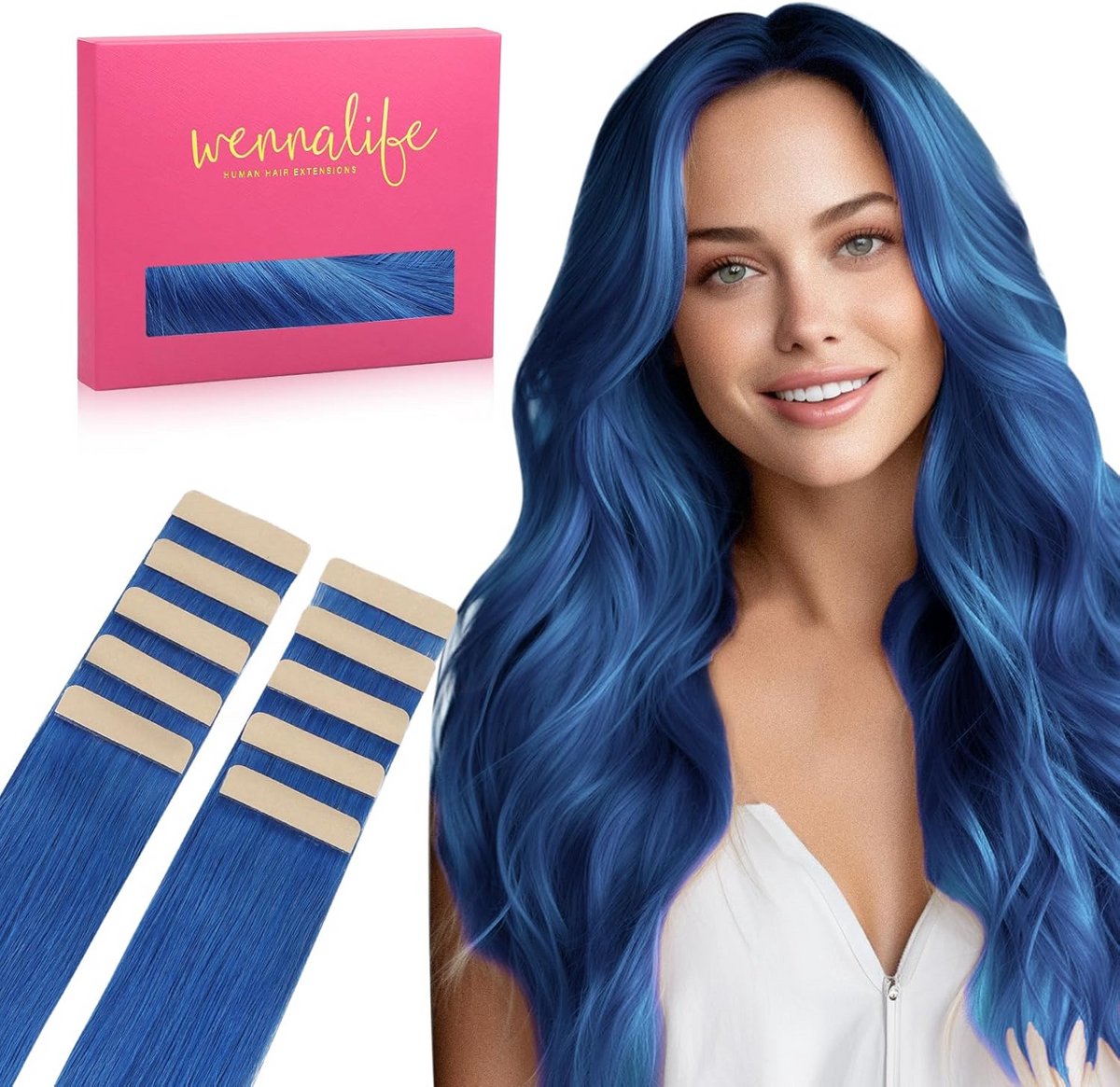 Tape-in Haarverlengingen Echt Mensenhaar - 25cm - 20g - 10st - Blauw