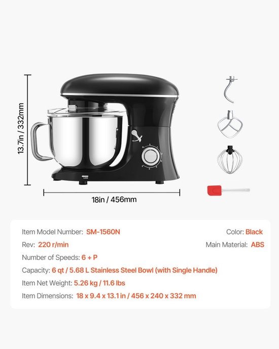 Keukenmachine - Standmixer en Deegmixer - Met Kantelbare Kop - Vermogen 1400W - Inhoud 5,68 L RVS Kom - Deeghaak en Garde - Mengschraper - Zwart — afbeelding 2