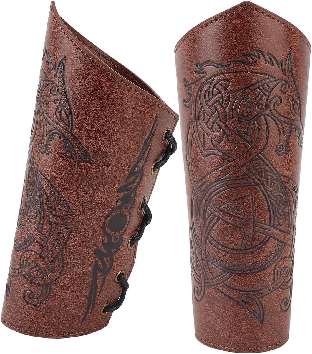EGoods - Middeleeuwse Viking Bracers van PU Leer in Retrostijl met Wolf Reliëf, Bruin - Verstelbare Armbeschermers voor Cosplay Kostuum