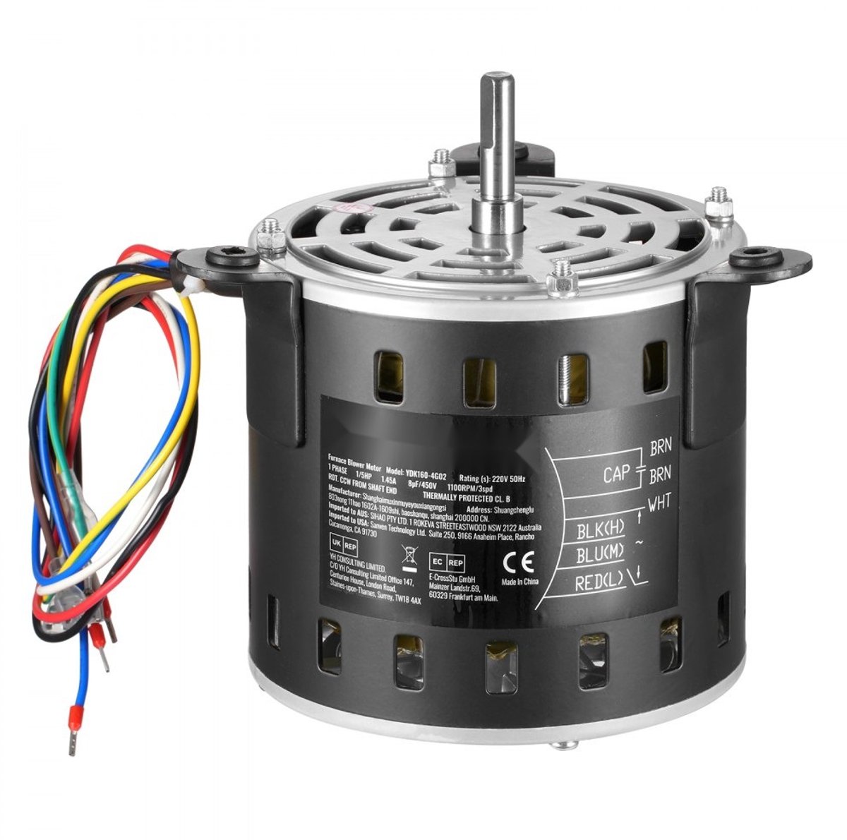 Ventilatormotor - Condensatormotor - Vermogen 150 W 220 V - Drie Snelheden 700/900/1100 tpm - Linksom vanaf aseinde - As Ø10x20 mm - Inclusief 8 µF 450 V condensator - Rood