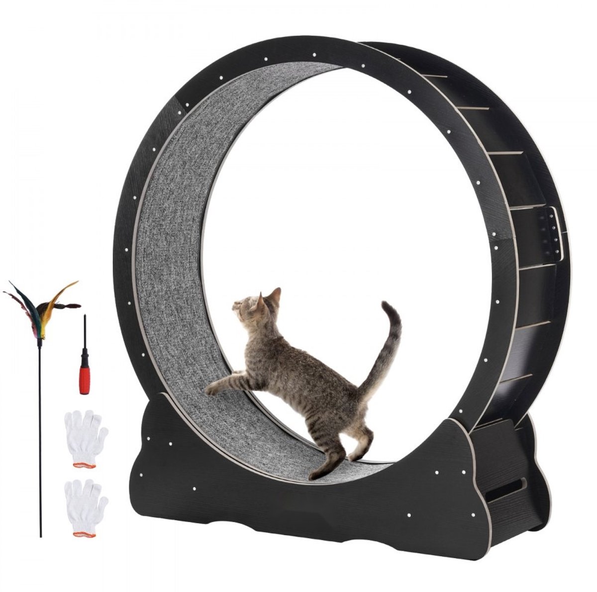Kattenloopwiel - Houten 110 cm Kattenloopband - Voor binnenkatten - Afneembaar tapijt - Inclusief kattenhengel - Geschikt voor de meeste katten - Zwart
