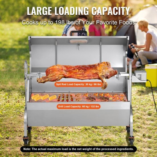 Spitgrill BBQ - Draaispit - Max. 90 kg Draagvermogen - 52 W Elektromotor - Houtskool - RVS Braadslede - Vergrendelbare Wielen - Voor heel varken, lam, geit — afbeelding 2