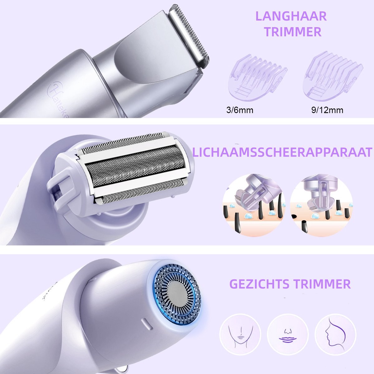 Hatteker 3-in-1 Ladyshave voor Vrouwen - Paarse thumbnail 4
