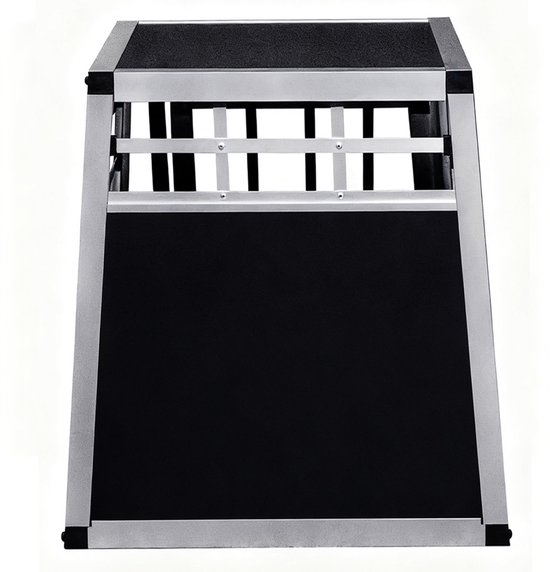 Vooraanzicht van een aluminium hondenbench met zwarte panelen.