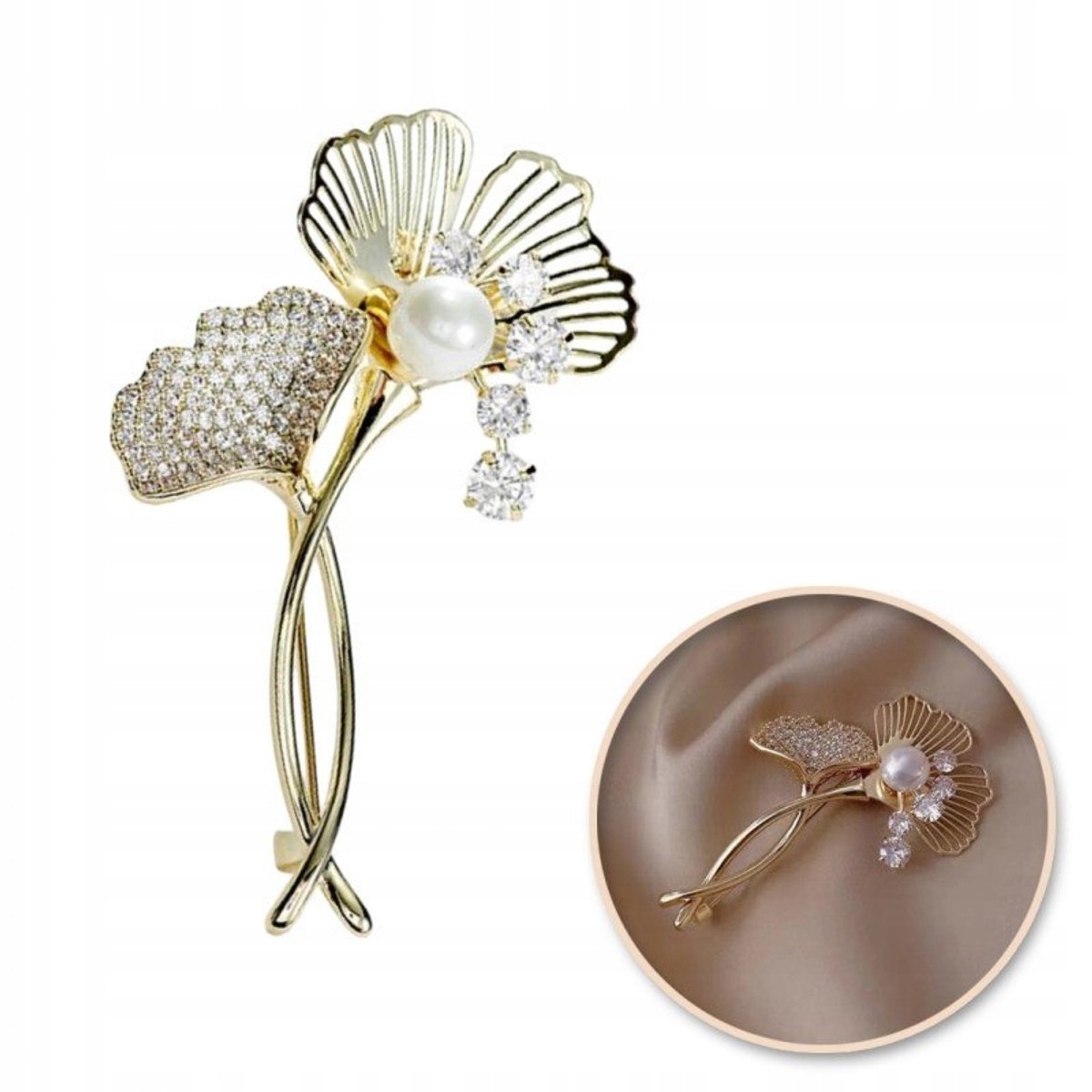 Ginkgo Blad Broche met Zirkonia in Parel - Elegante Dames Sieraden
